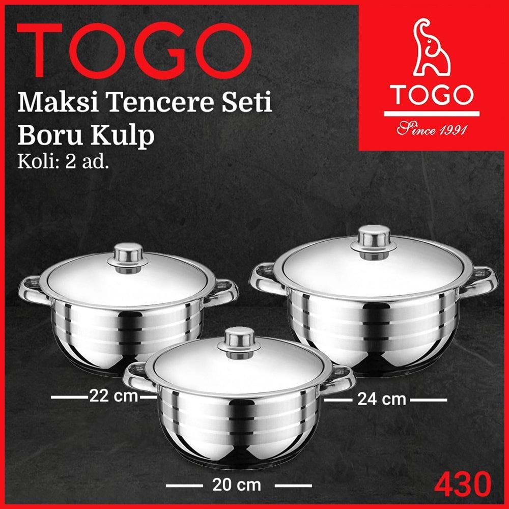 TOGO AY MAXİ TENCERE SETİ BORU KULP 20-22-24 CM KL:4